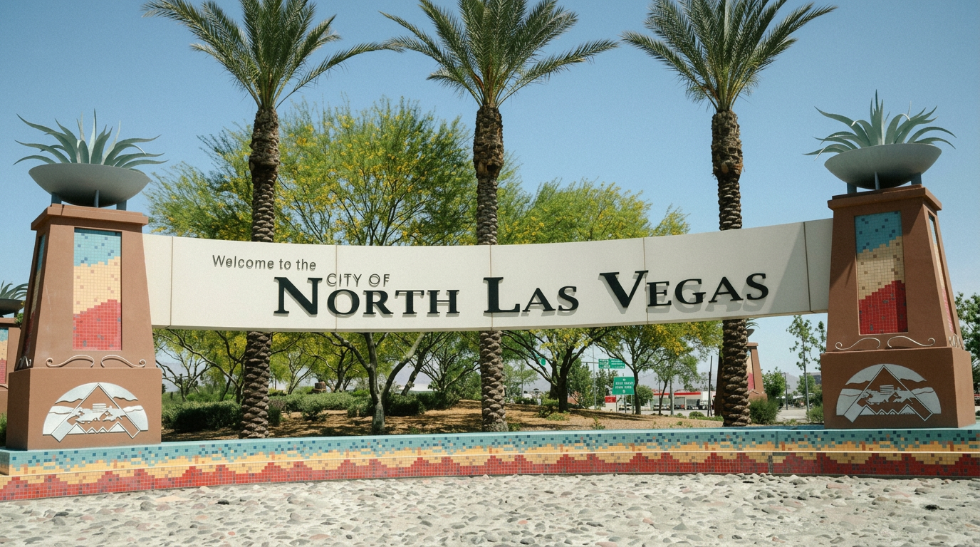 Welcome to the City of North Las Vegas entrance monument with palm trees and tile mosaic