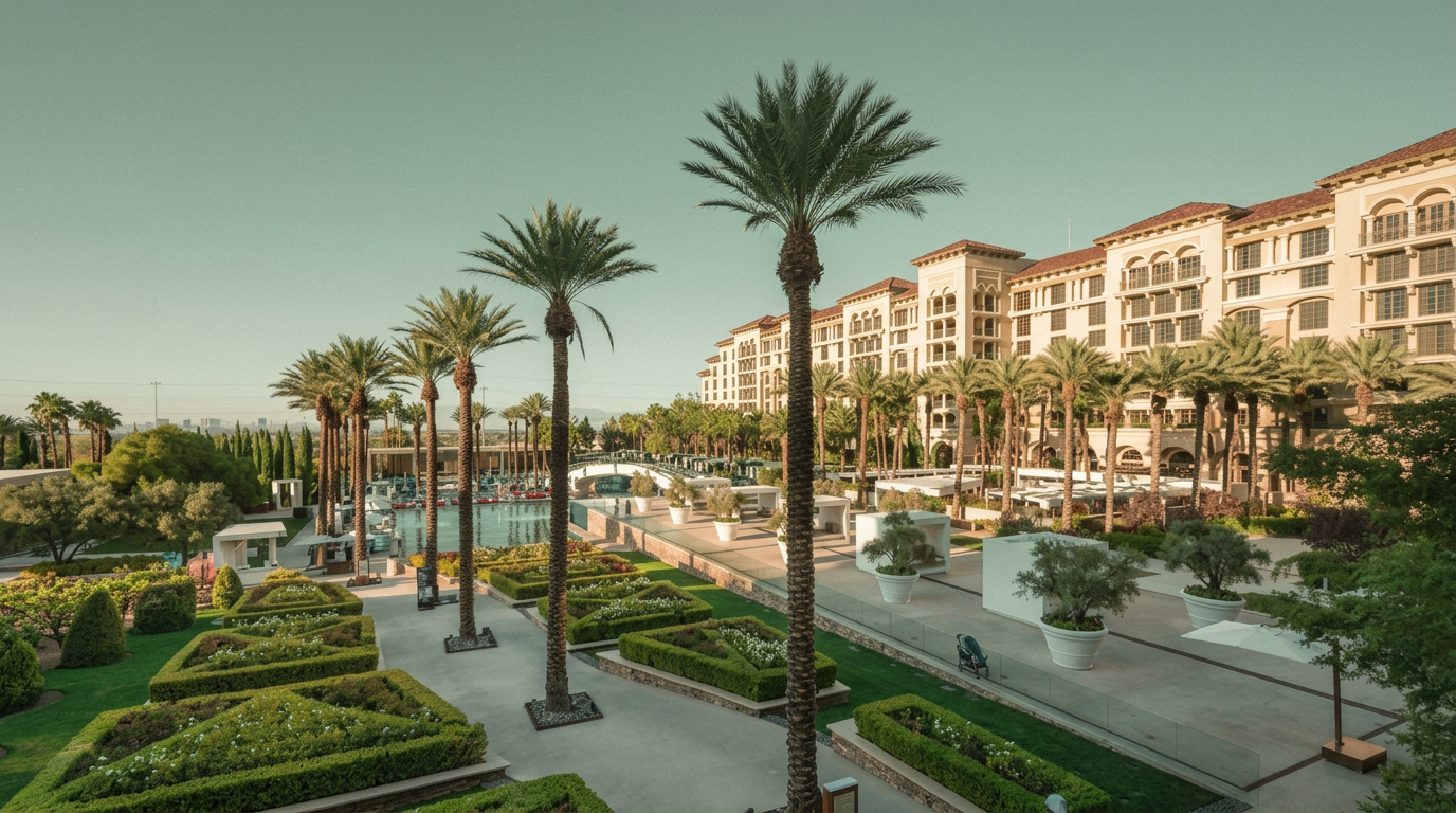 Green Valley Ranch resort gardens and palm-lined promenade at golden hour