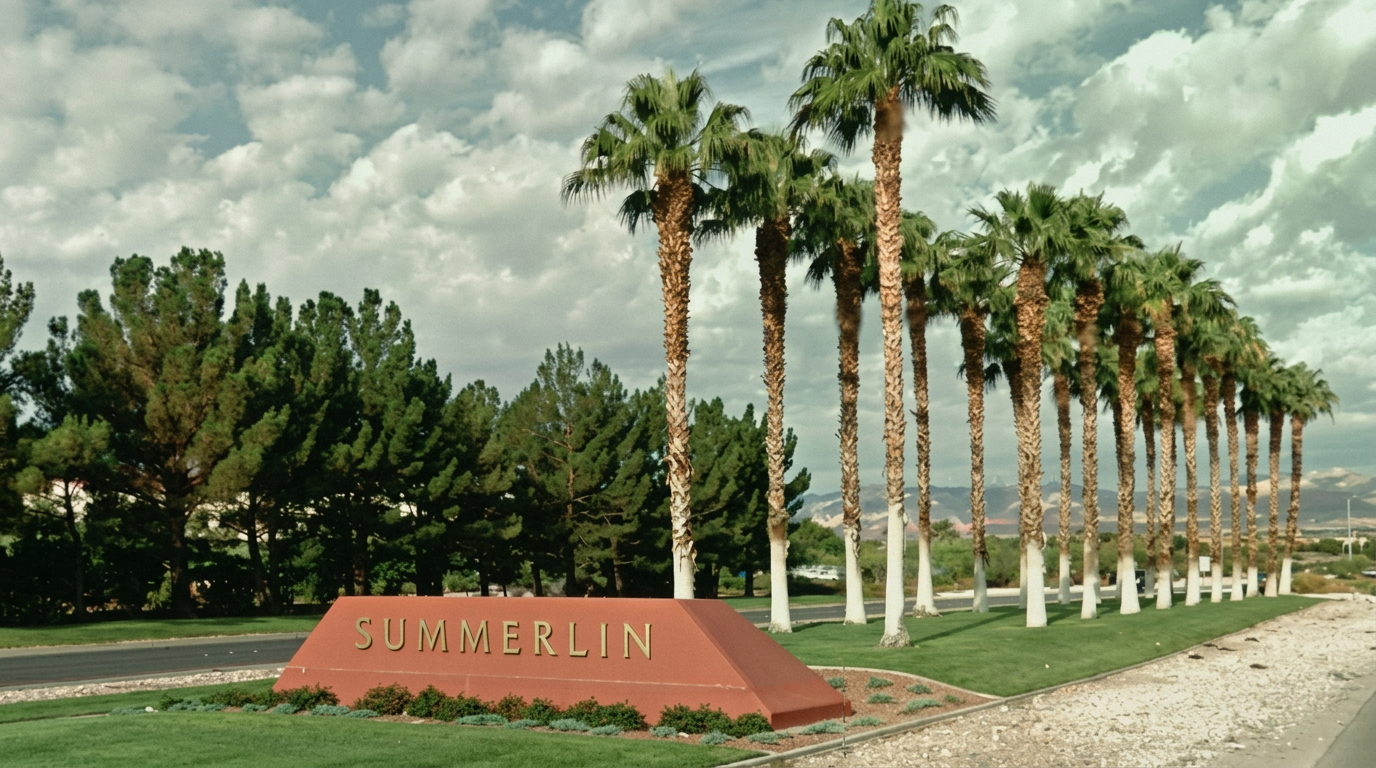 Summerlin entrance monument with palm-lined boulevard and distant mountains