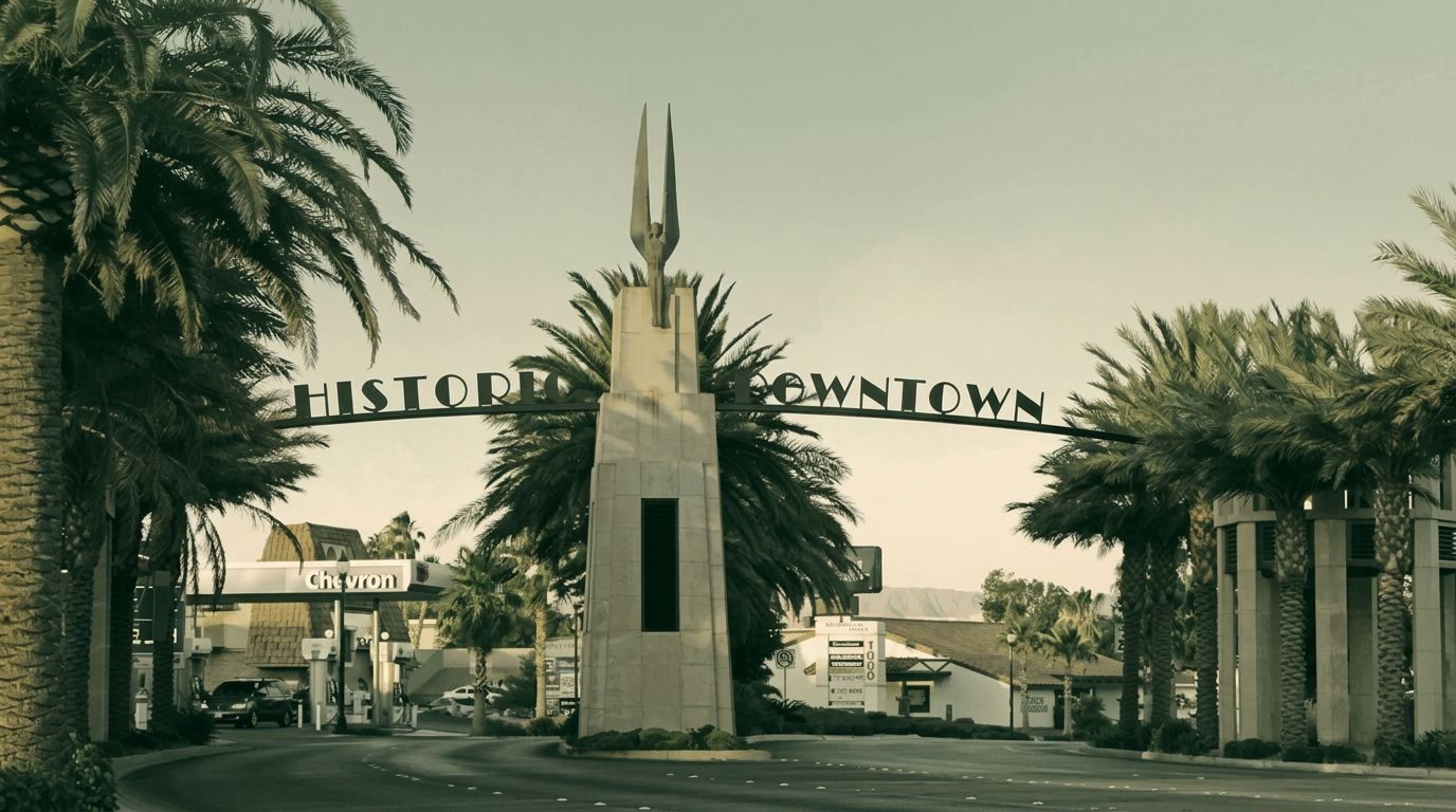 Historic Downtown Boulder City, NV welcome arch framed by palm trees