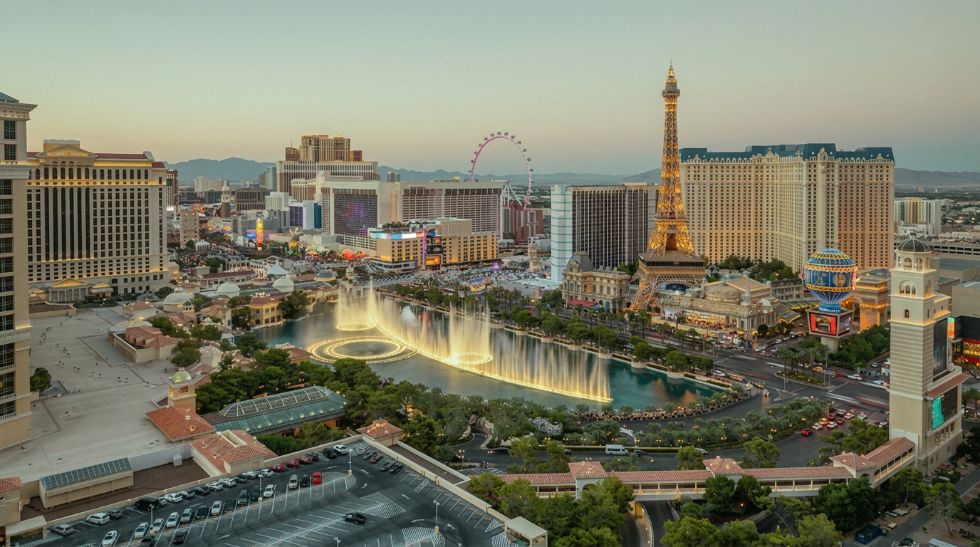 Las Vegas Strip skyline at dusk with the Bellagio fountains