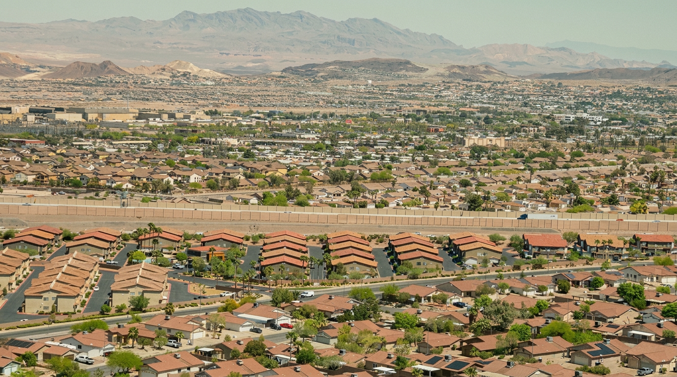 Aerial view of Henderson, NV neighborhoods with the desert mountains in the distance