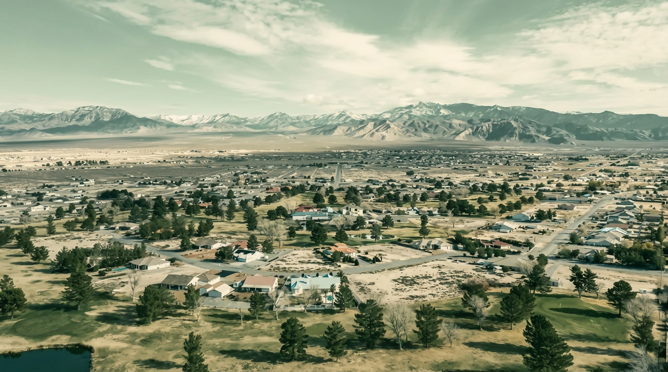 Aerial view of Pahrump, NV with the surrounding mountains and valley